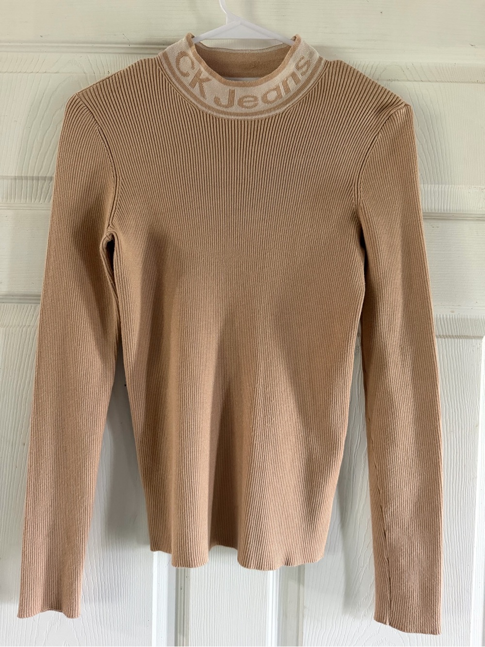 Calvin Klein Jeans Tan Ribbed Mock Neck Sweater with Cream Logo Collar